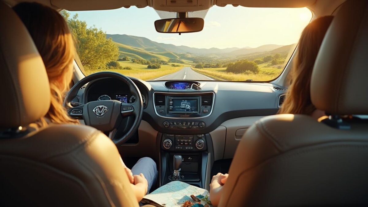 View from inside a car on a winding road through a scenic mountain landscape