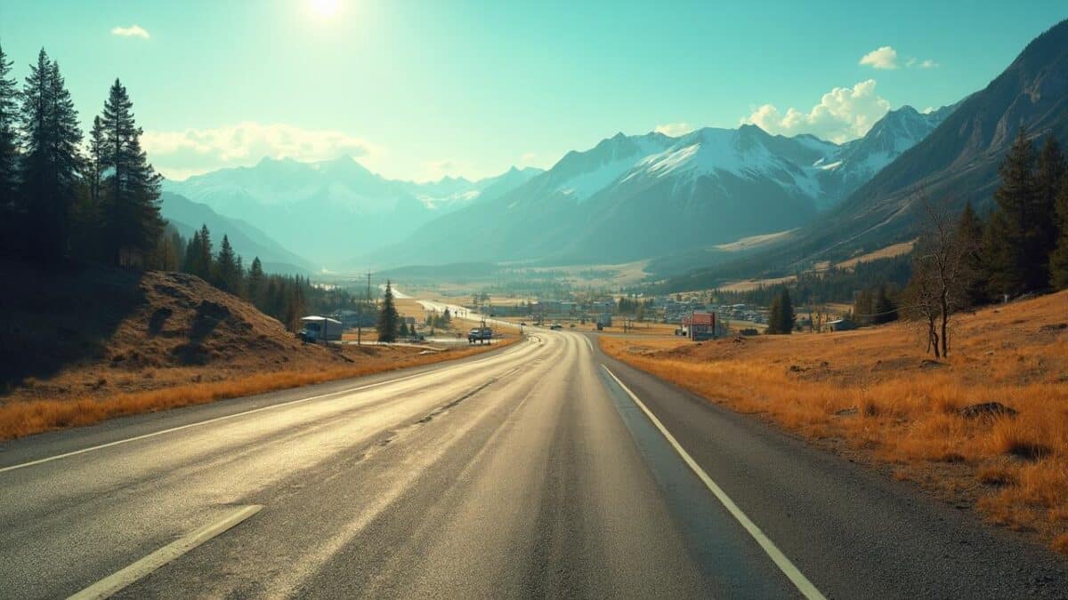 A winding road through a scenic mountain landscape with snow-capped peaks.